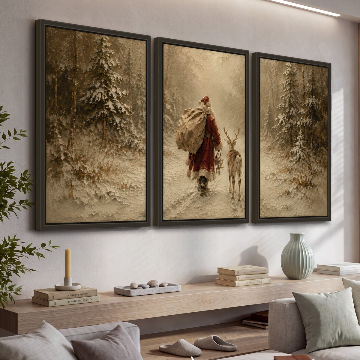 Santa and reindeer painting 3 piece framed canvas in a living room above a console