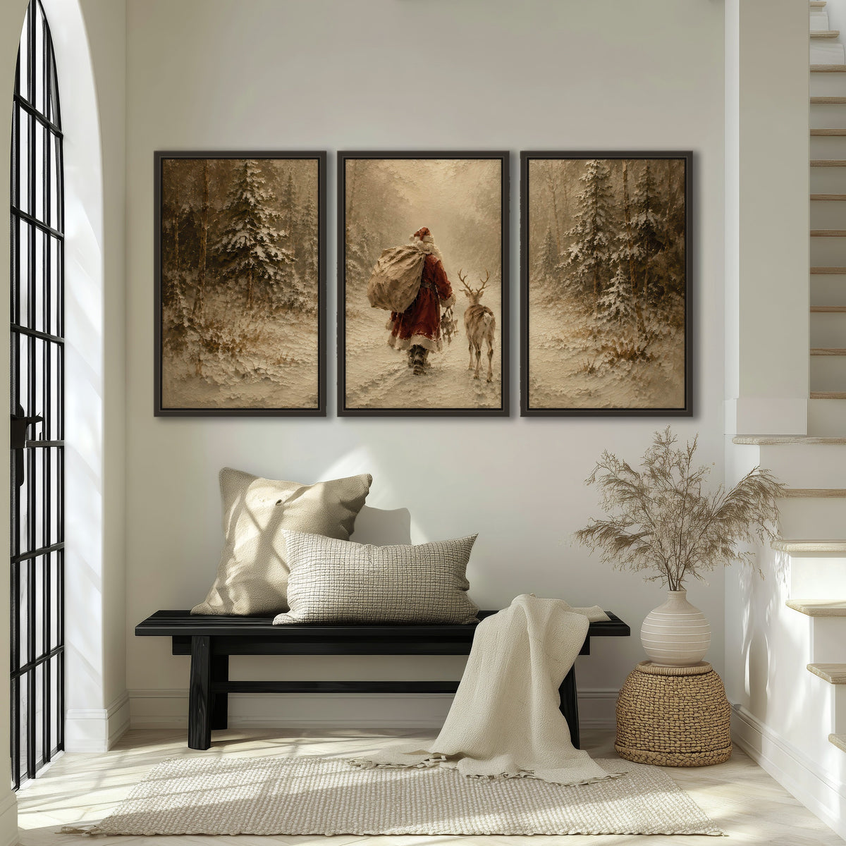 Santa and reindeer painting 3 piece framed canvas in an entryway above a bench