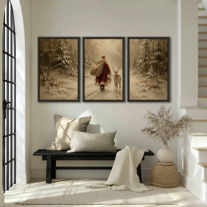 Santa and reindeer painting 3 piece framed canvas in an entryway above a bench