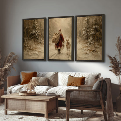 Santa and reindeer painting 3 piece framed canvas in a rustic living room