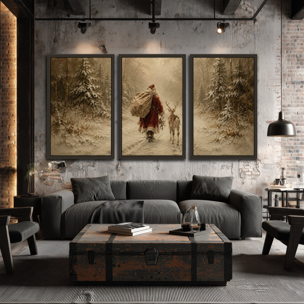 Santa and reindeer painting 3 piece framed canvas in an industrial loft