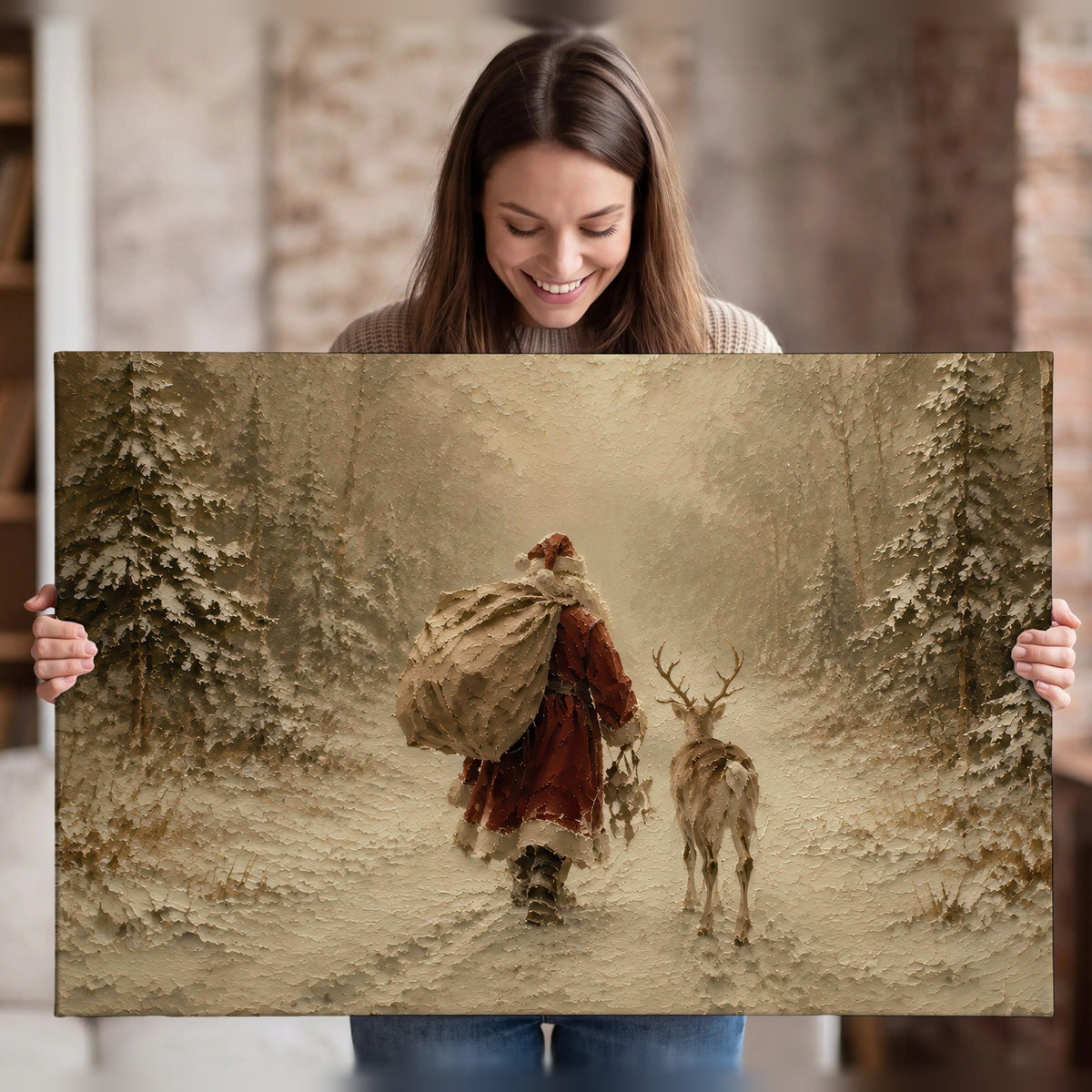Santa and reindeer painting canvas wall art held in hands