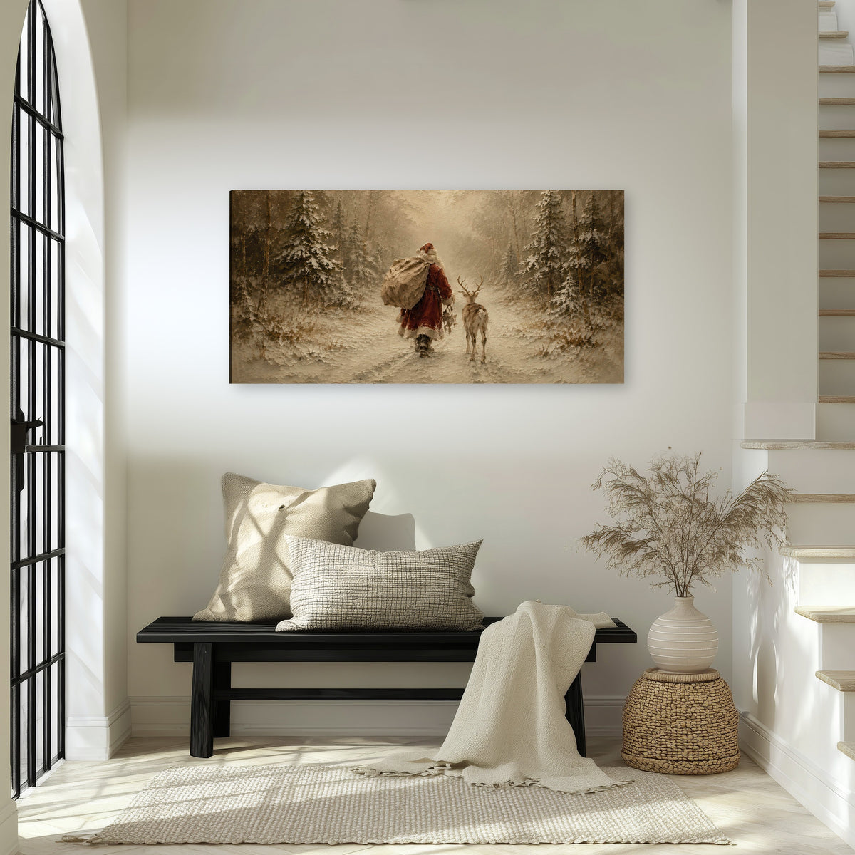 Santa and reindeer painting canvas wall art in an entryway above a bench
