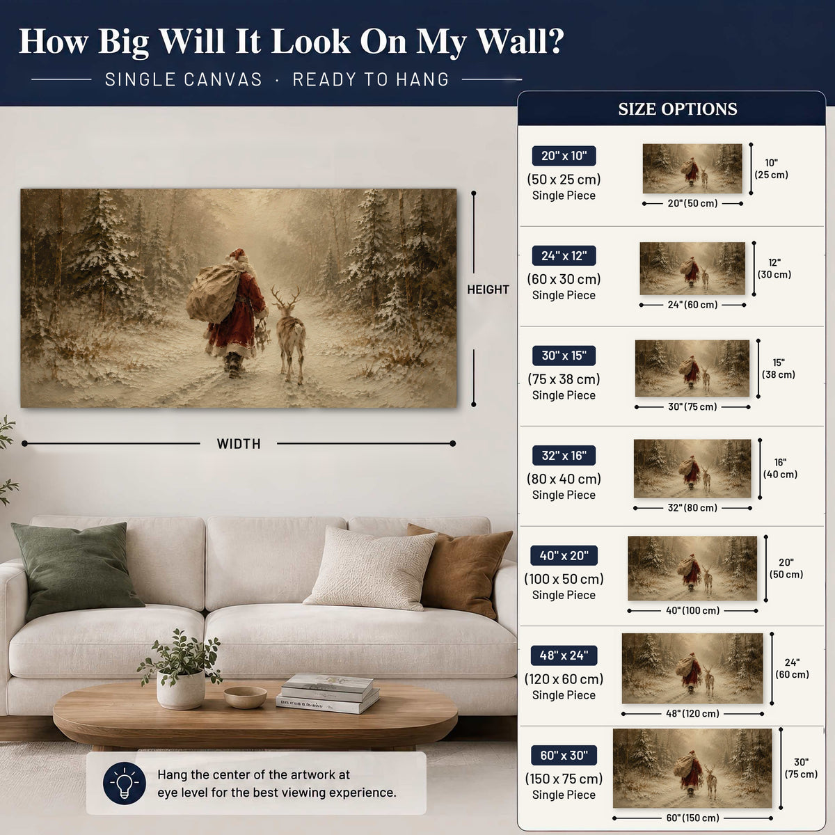 Santa and reindeer painting canvas wall art size guide above a sofa