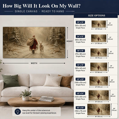 Santa and reindeer painting canvas wall art size guide above a sofa