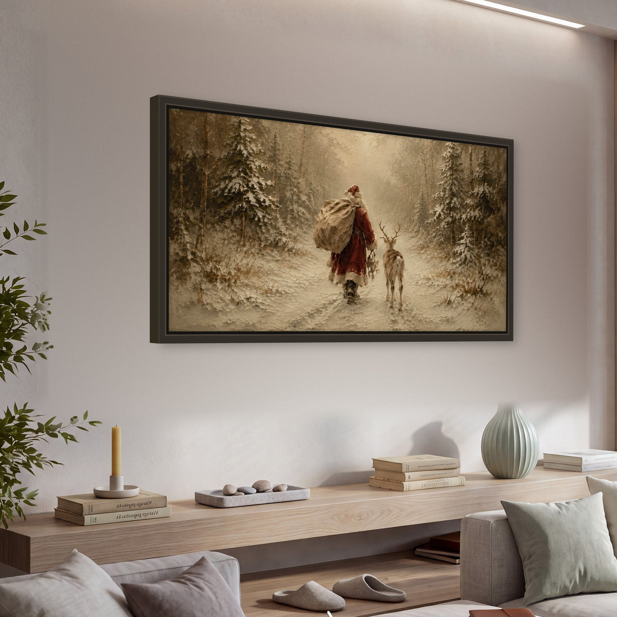 Santa and reindeer painting framed canvas wall art in a living room above a console