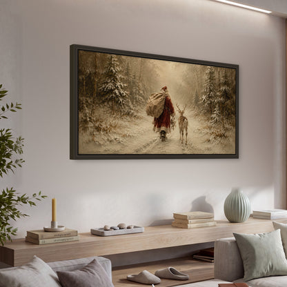 Santa and reindeer painting framed canvas wall art in a living room above a console