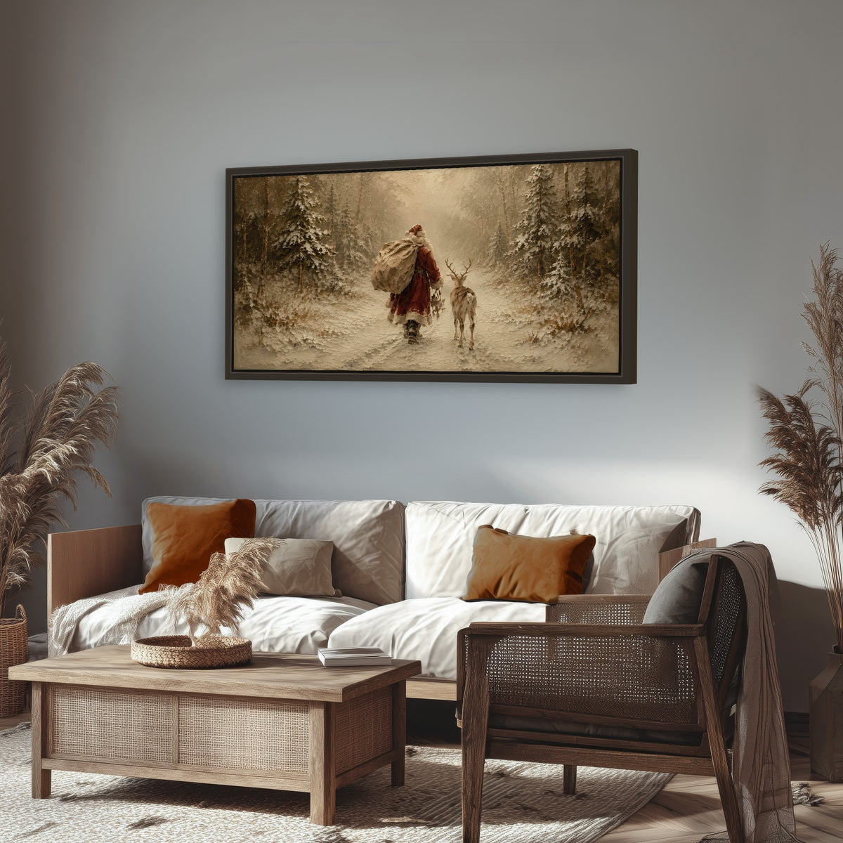 Santa and reindeer painting framed canvas wall art in a rustic living room