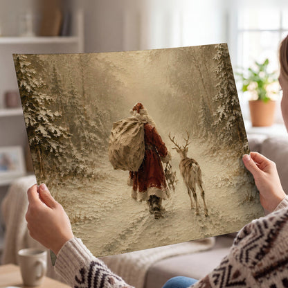 Santa and reindeer painting poster print held in hands