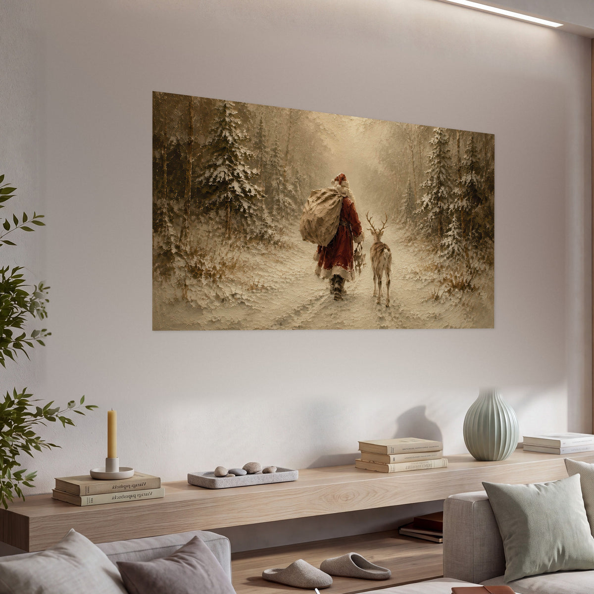 Santa and reindeer painting poster print in a living room above a console