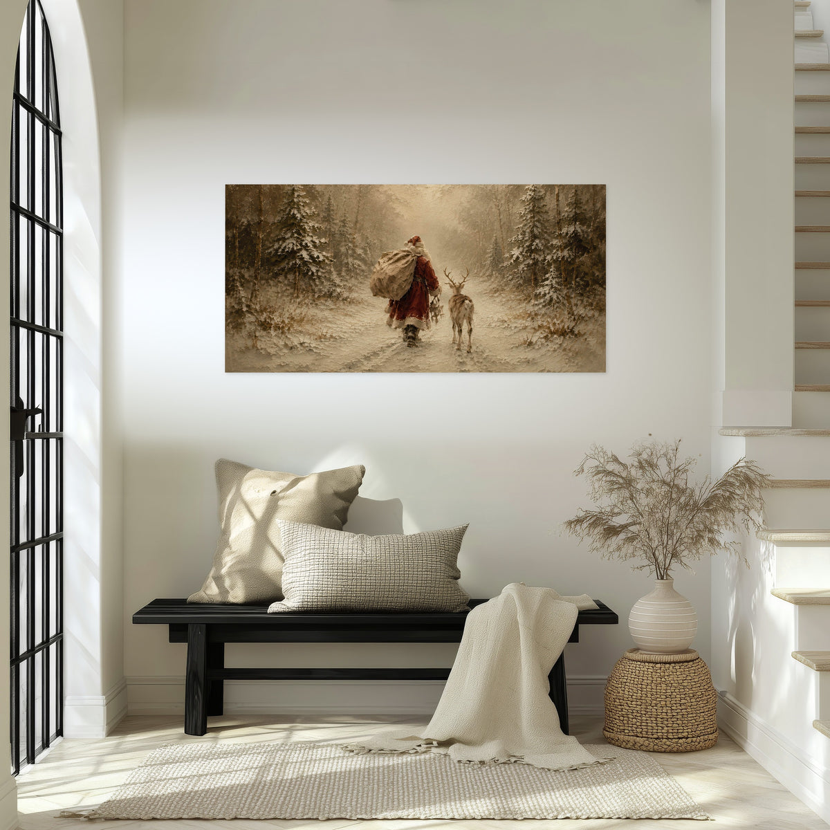 Santa and reindeer painting poster print in an entryway above a bench