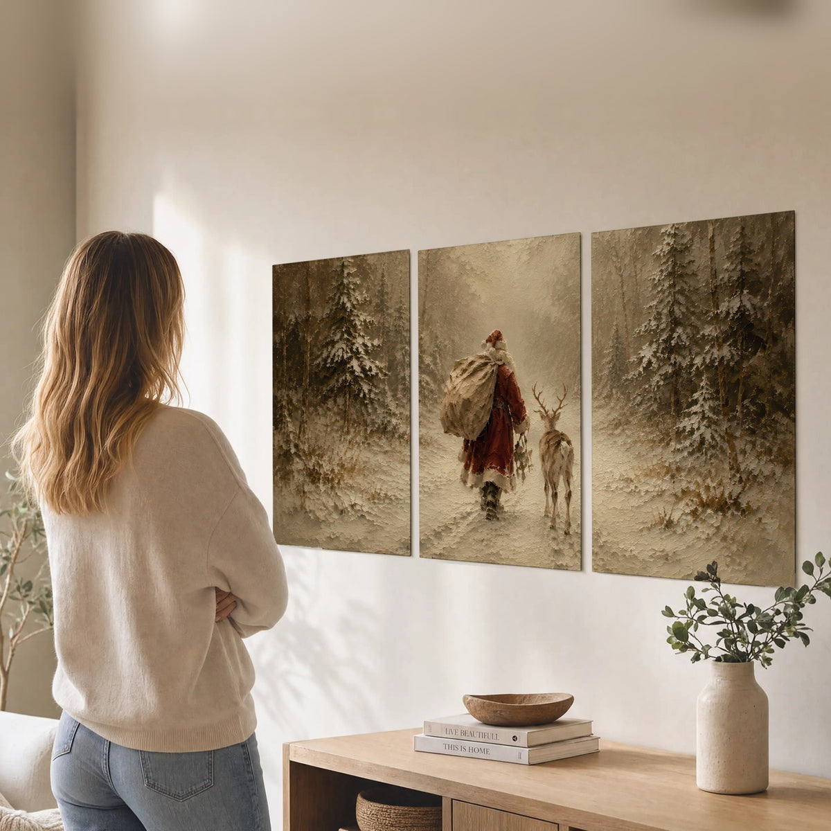 Santa and reindeer painting set of 3 poster prints in a living room