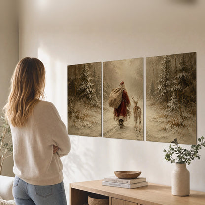 Santa and reindeer painting set of 3 poster prints in a living room