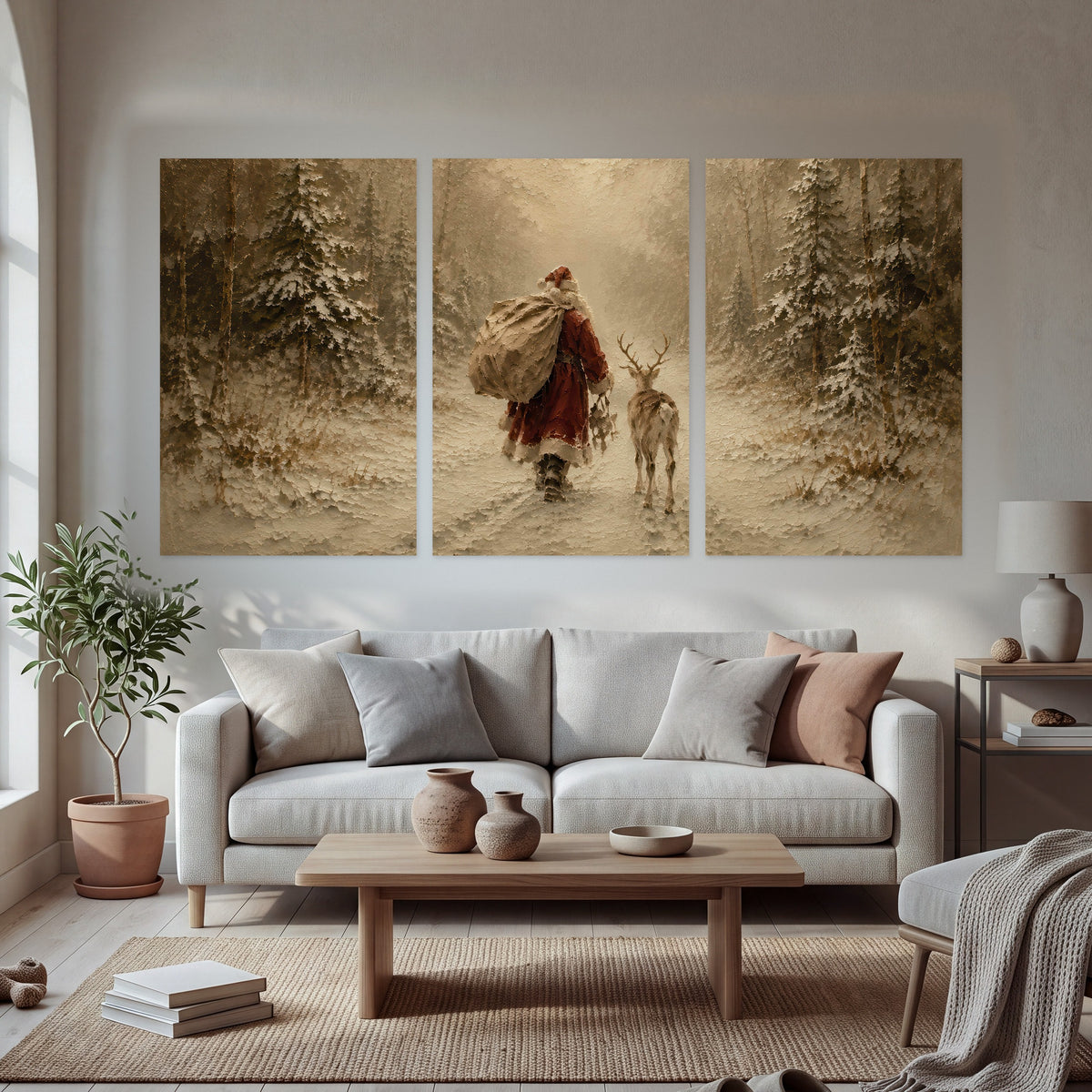 Santa and reindeer painting set of 3 poster prints in a bright living room