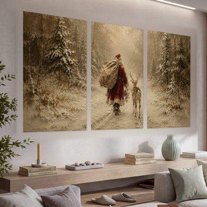 Santa and reindeer painting set of 3 poster prints in a living room above a console