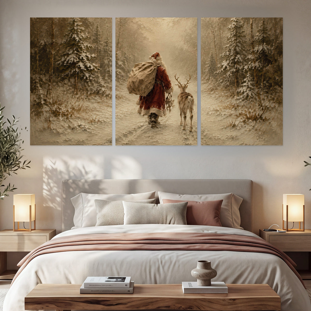 Santa and reindeer painting set of 3 poster prints in a bedroom above the bed