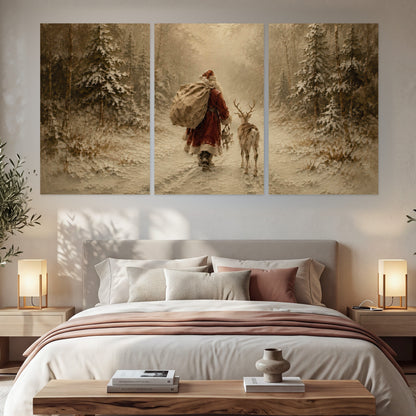 Santa and reindeer painting set of 3 poster prints in a bedroom above the bed