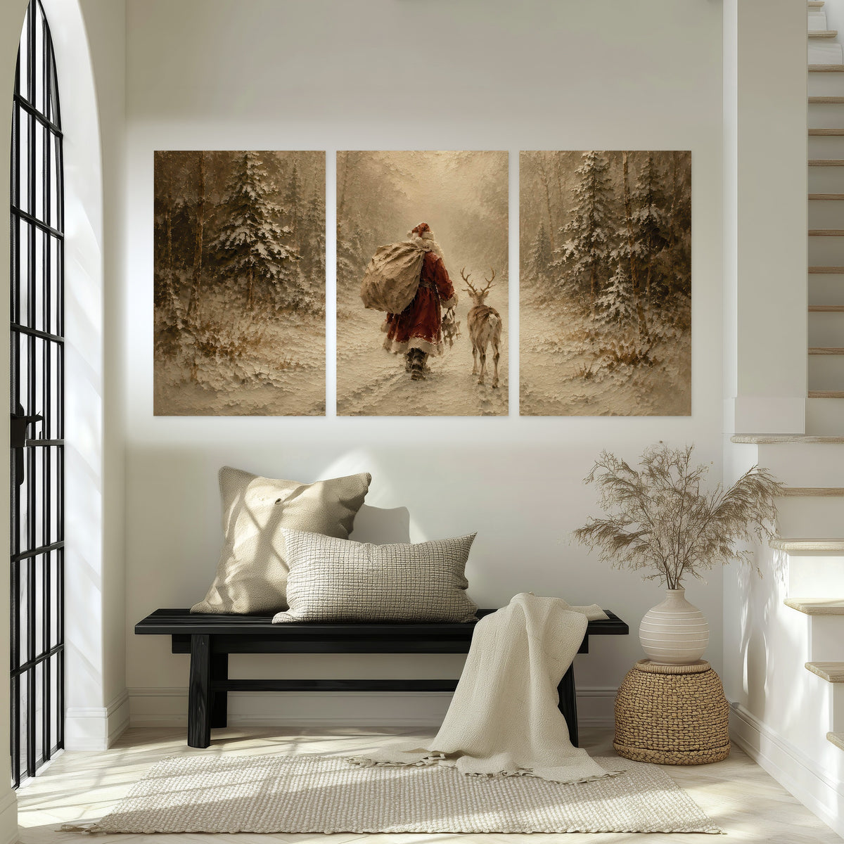 Santa and reindeer painting set of 3 poster prints in an entryway above a bench