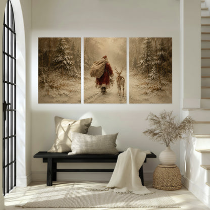 Santa and reindeer painting set of 3 poster prints in an entryway above a bench