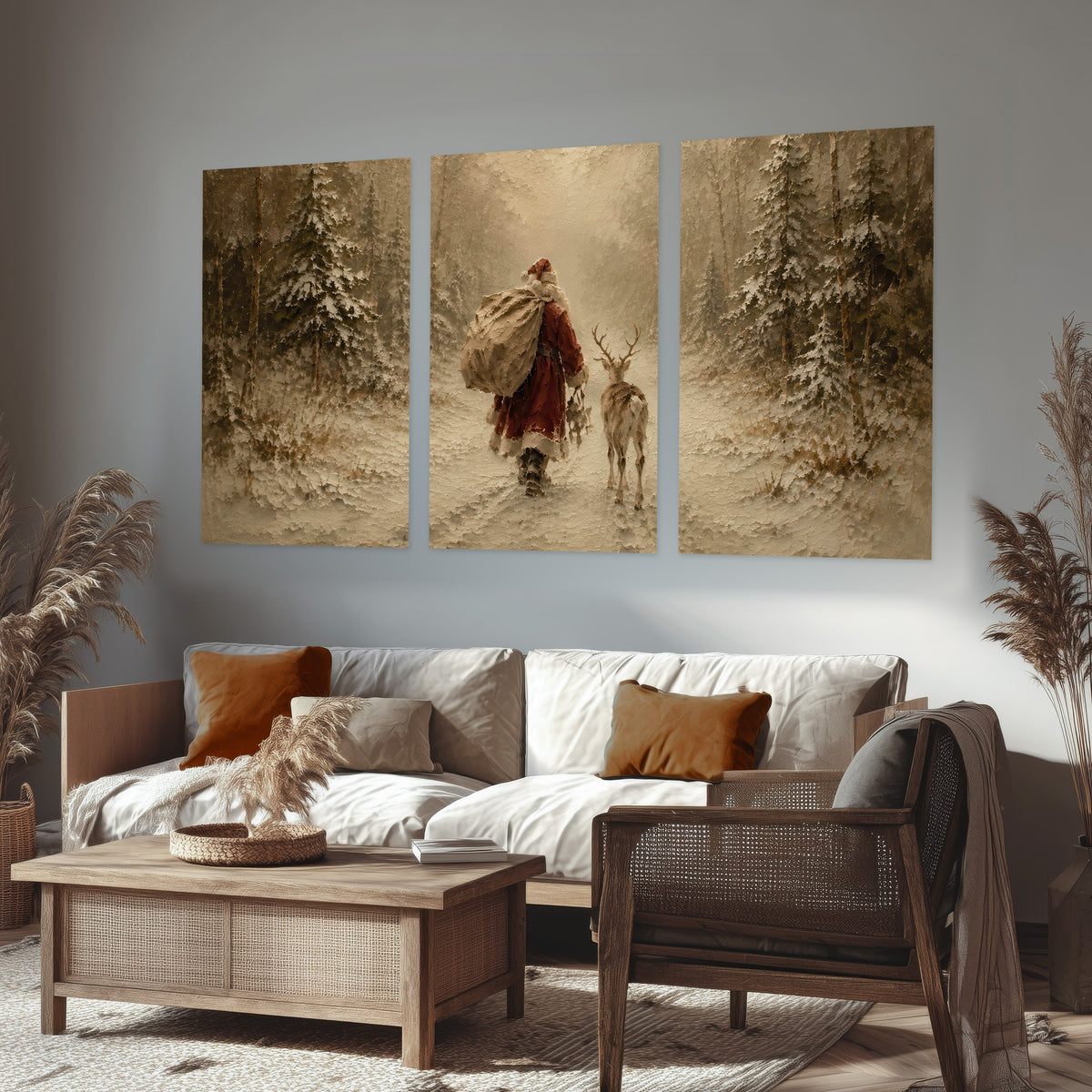 Santa and reindeer painting set of 3 poster prints in a rustic living room