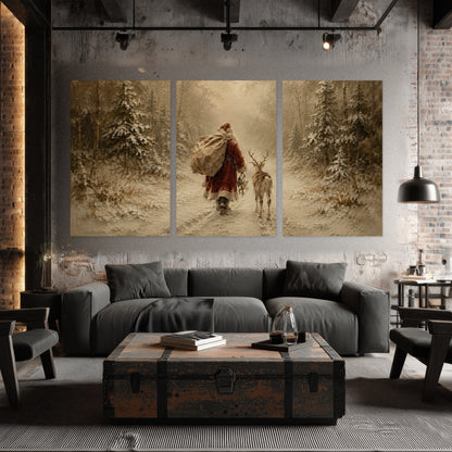 Santa and reindeer painting set of 3 poster prints in an industrial loft