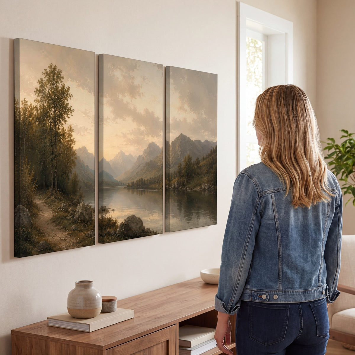 Golden mountain lake painting 3 piece canvas wall art in a living room