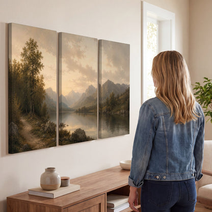 Golden mountain lake painting 3 piece canvas wall art in a living room