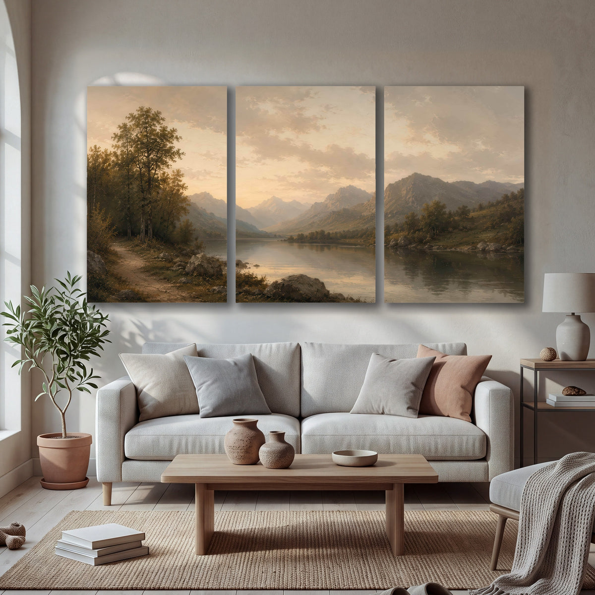 Golden mountain lake painting 3 piece canvas wall art in a bright living room