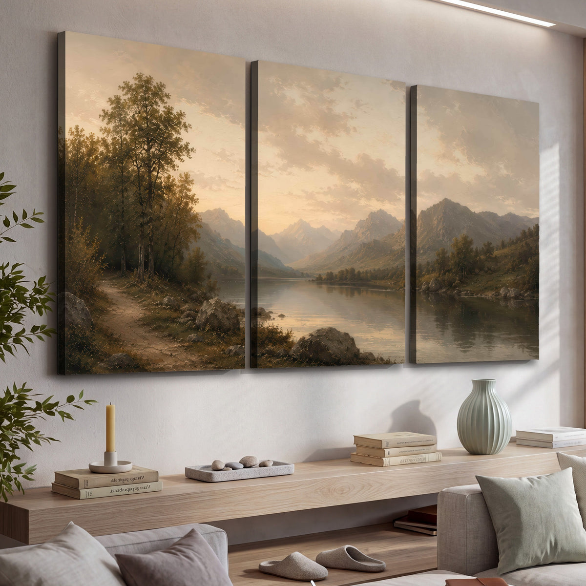 Golden mountain lake painting 3 piece canvas wall art in a living room above a console