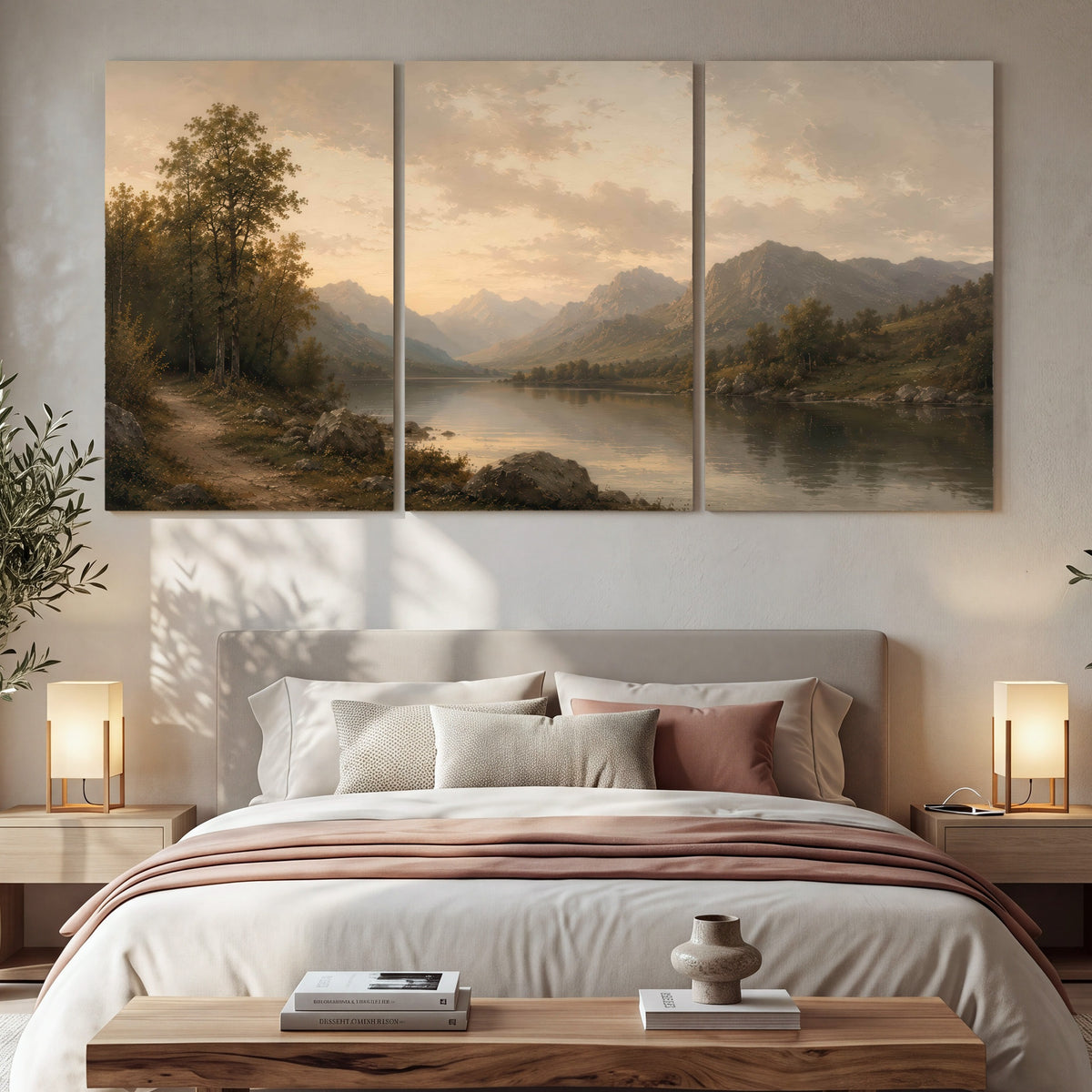 Golden mountain lake painting 3 piece canvas wall art in a bedroom above the bed