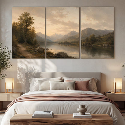 Golden mountain lake painting 3 piece canvas wall art in a bedroom above the bed