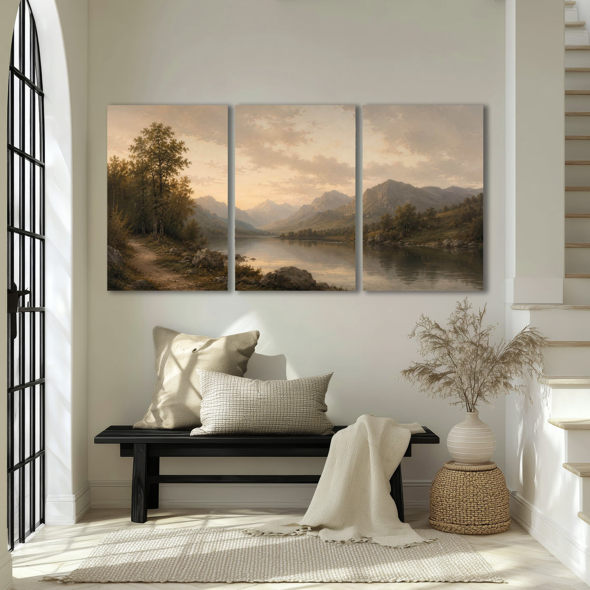 Golden mountain lake painting 3 piece canvas wall art in an entryway above a bench