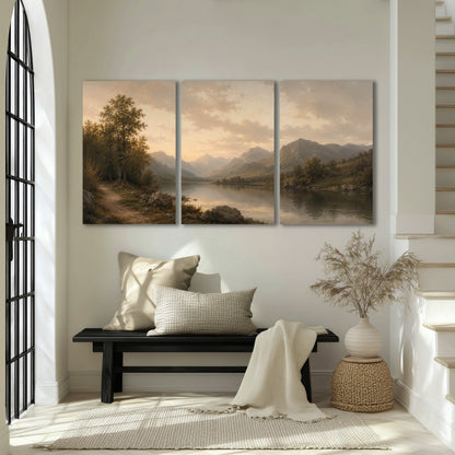 Golden mountain lake painting 3 piece canvas wall art in an entryway above a bench