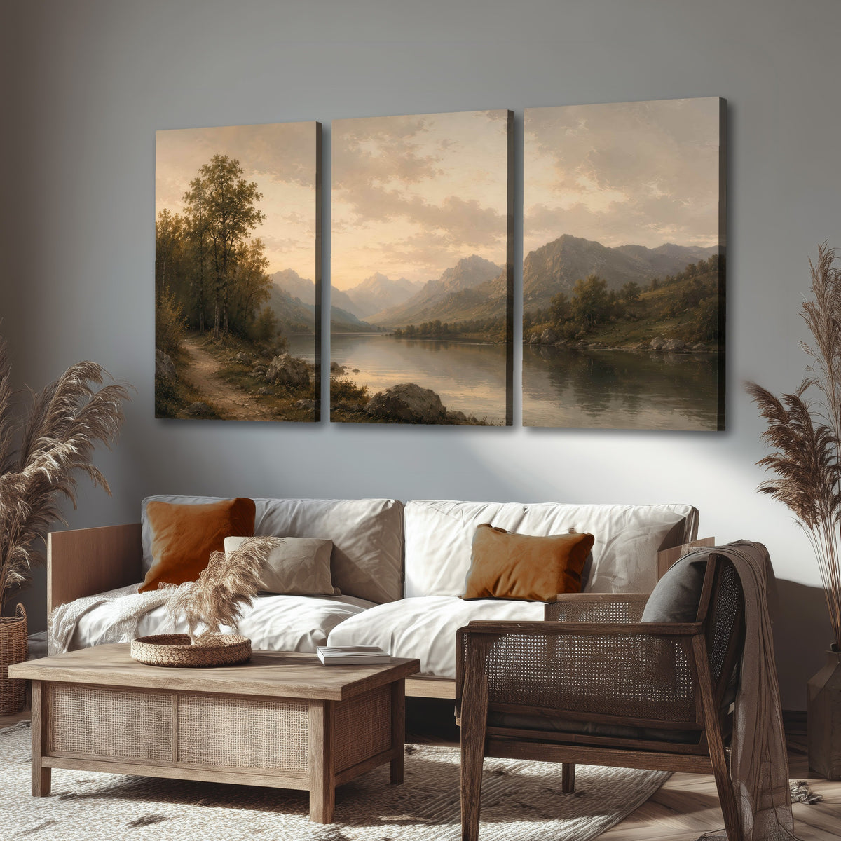 Golden mountain lake painting 3 piece canvas wall art in a rustic living room