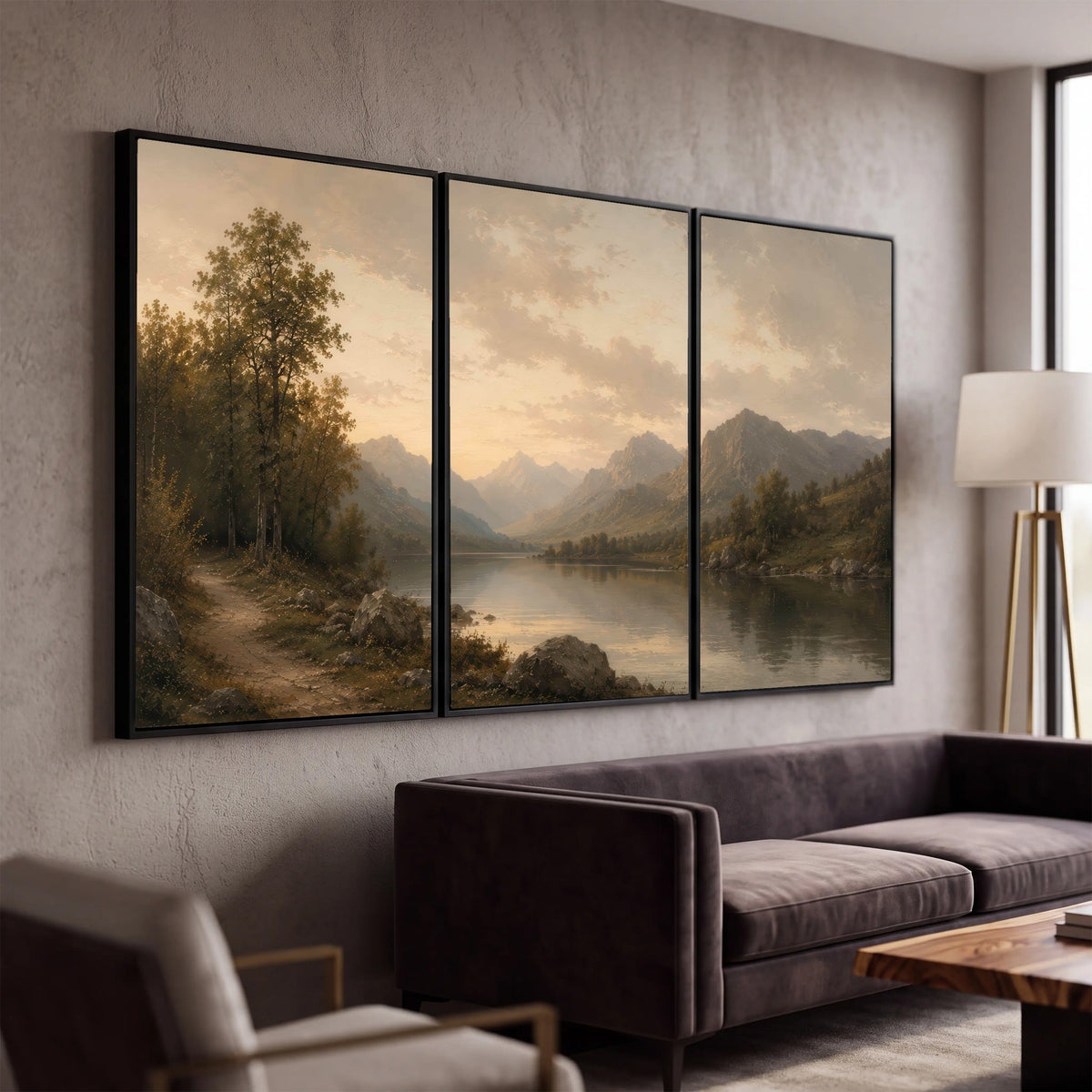 Golden mountain lake painting 3 piece canvas wall art in a modern living room