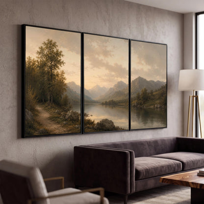 Golden mountain lake painting 3 piece canvas wall art in a modern living room