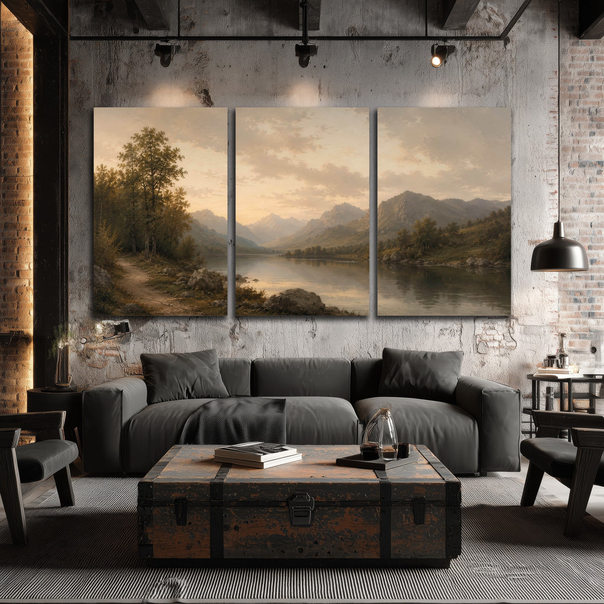 Golden mountain lake painting 3 piece canvas wall art in an industrial loft