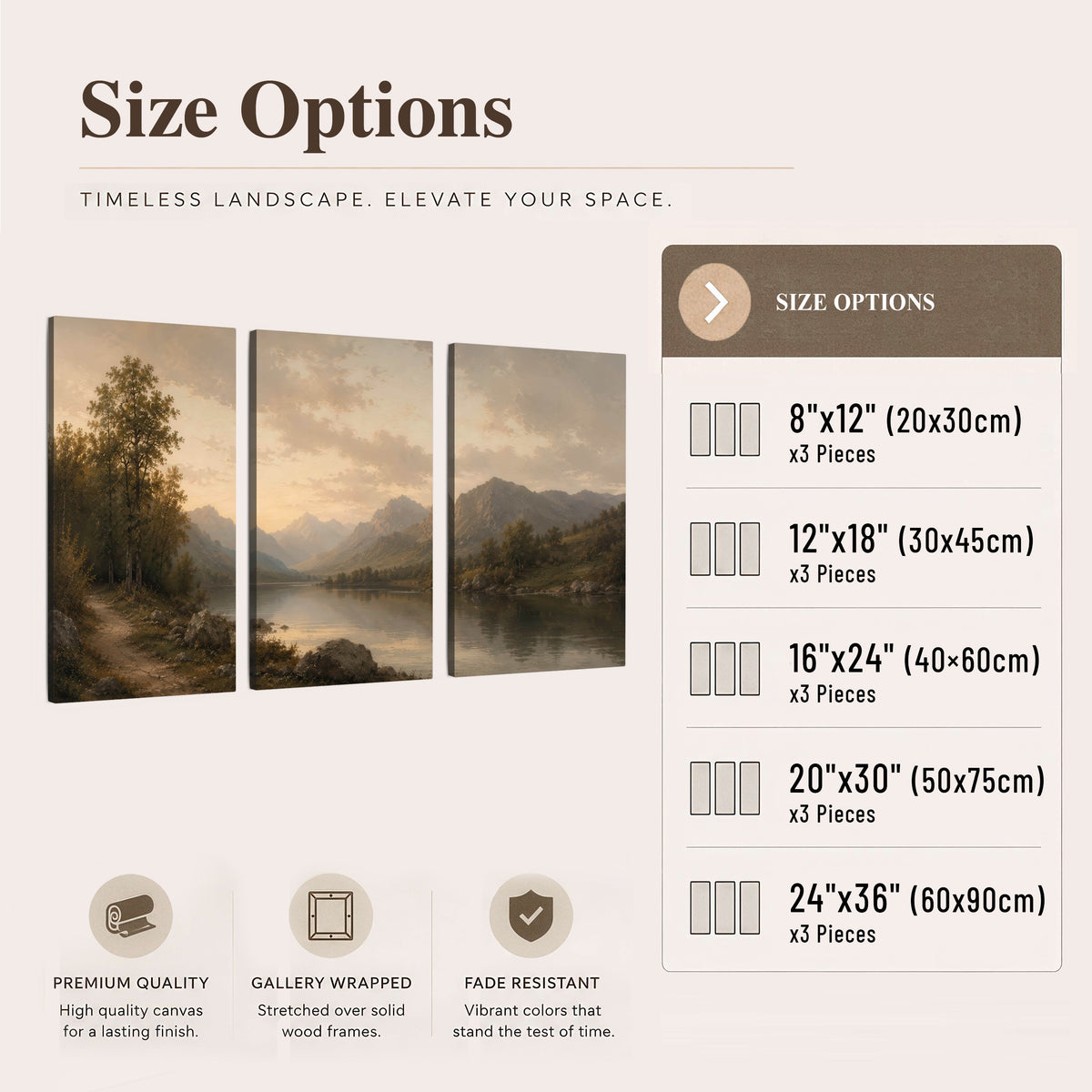 Golden mountain lake painting 3 piece canvas wall art size options