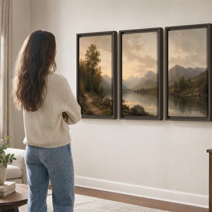 Golden mountain lake painting 3 piece framed canvas in a living room