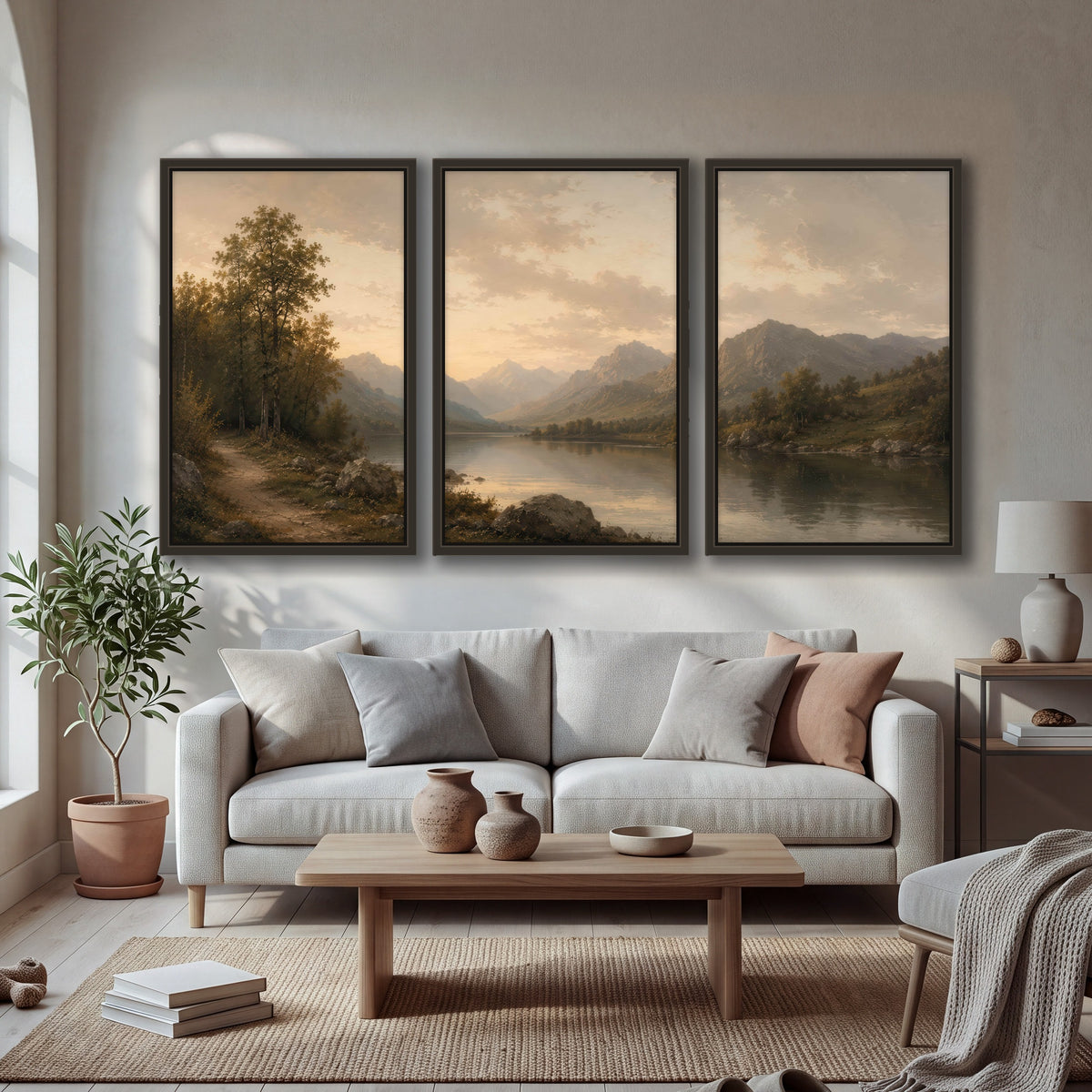 Golden mountain lake painting 3 piece framed canvas in a bright living room