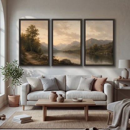 Golden mountain lake painting 3 piece framed canvas in a bright living room