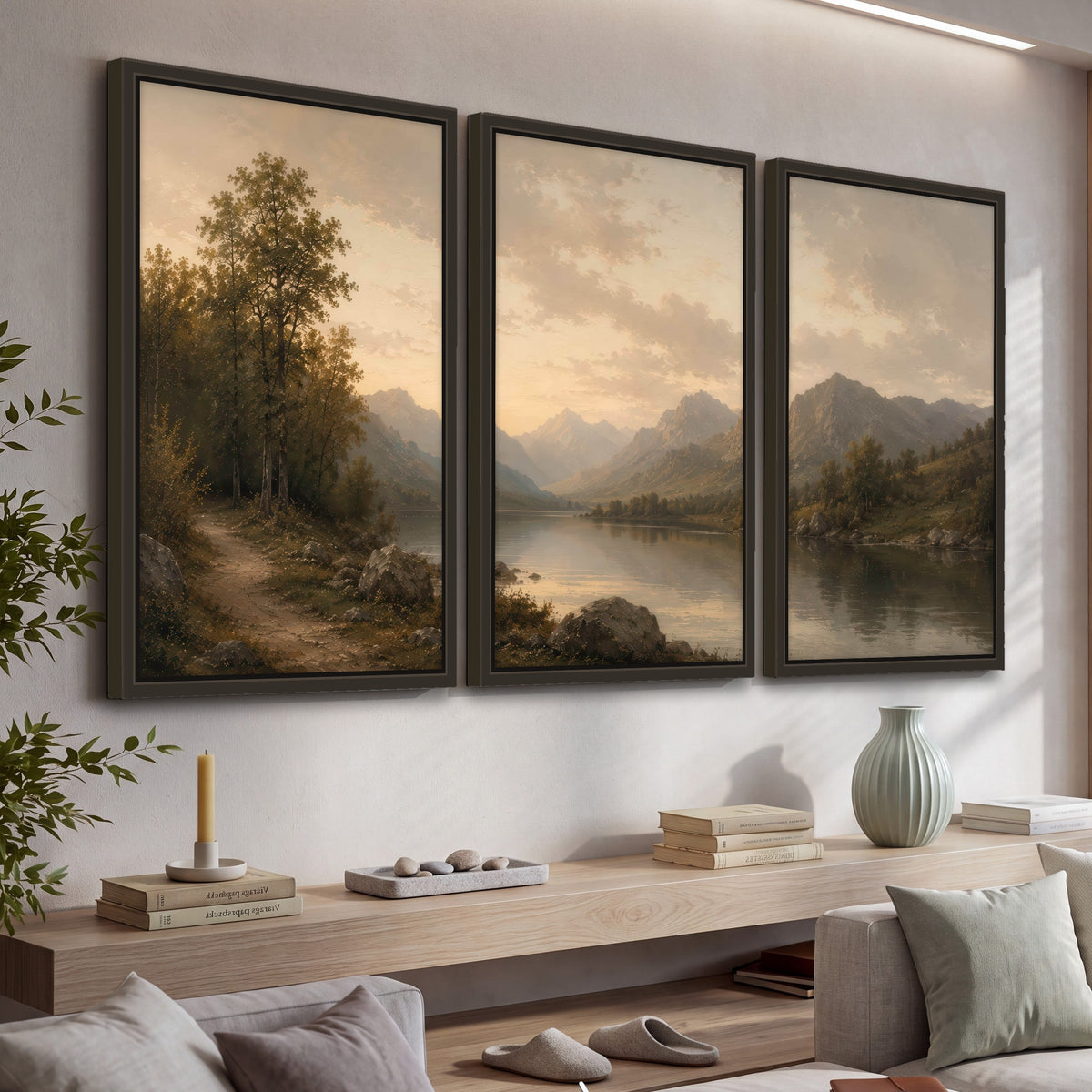 Golden mountain lake painting 3 piece framed canvas in a living room above a console