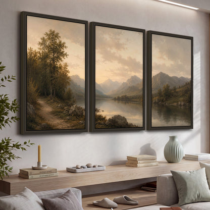 Golden mountain lake painting 3 piece framed canvas in a living room above a console