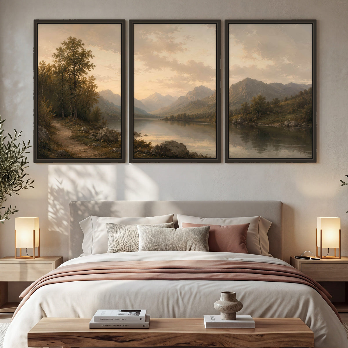 Golden mountain lake painting 3 piece framed canvas in a bedroom above the bed