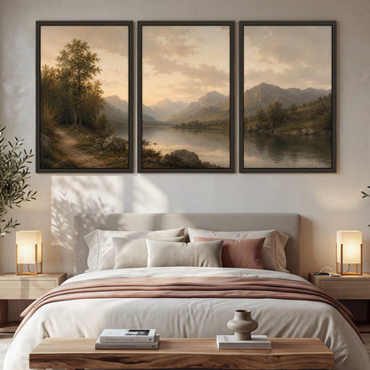 Golden mountain lake painting 3 piece framed canvas in a bedroom above the bed