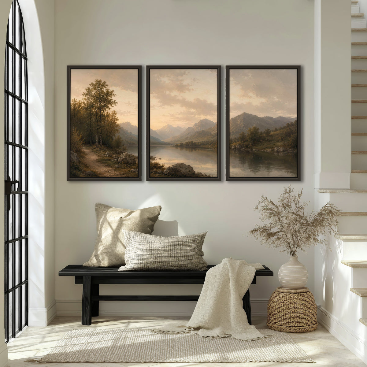 Golden mountain lake painting 3 piece framed canvas in an entryway above a bench