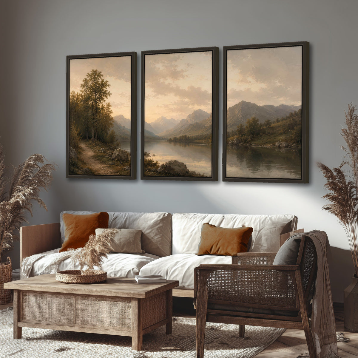 Golden mountain lake painting 3 piece framed canvas in a rustic living room