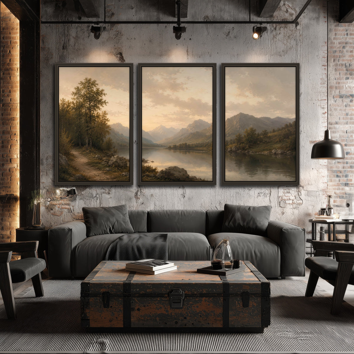Golden mountain lake painting 3 piece framed canvas in an industrial loft
