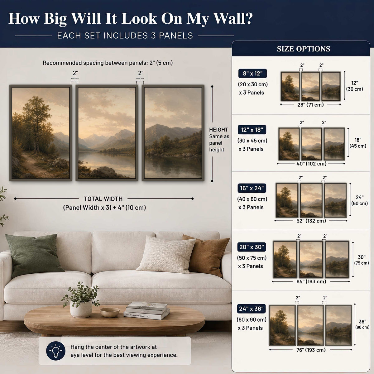 Golden mountain lake painting 3 piece framed canvas size guide above a sofa