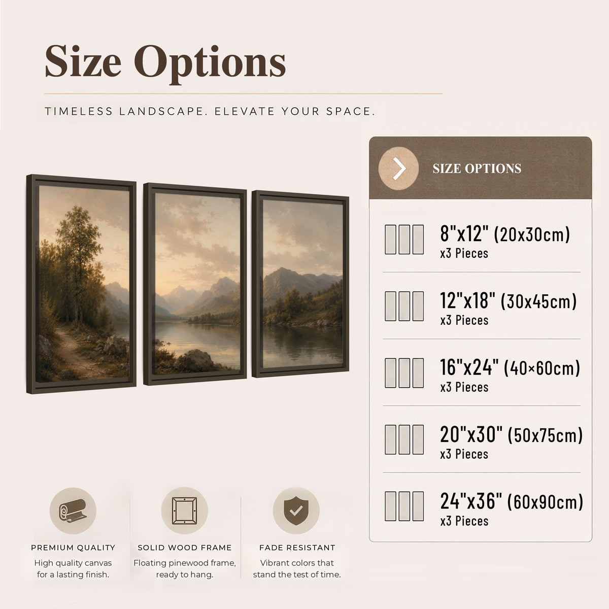 Golden mountain lake painting 3 piece framed canvas size options